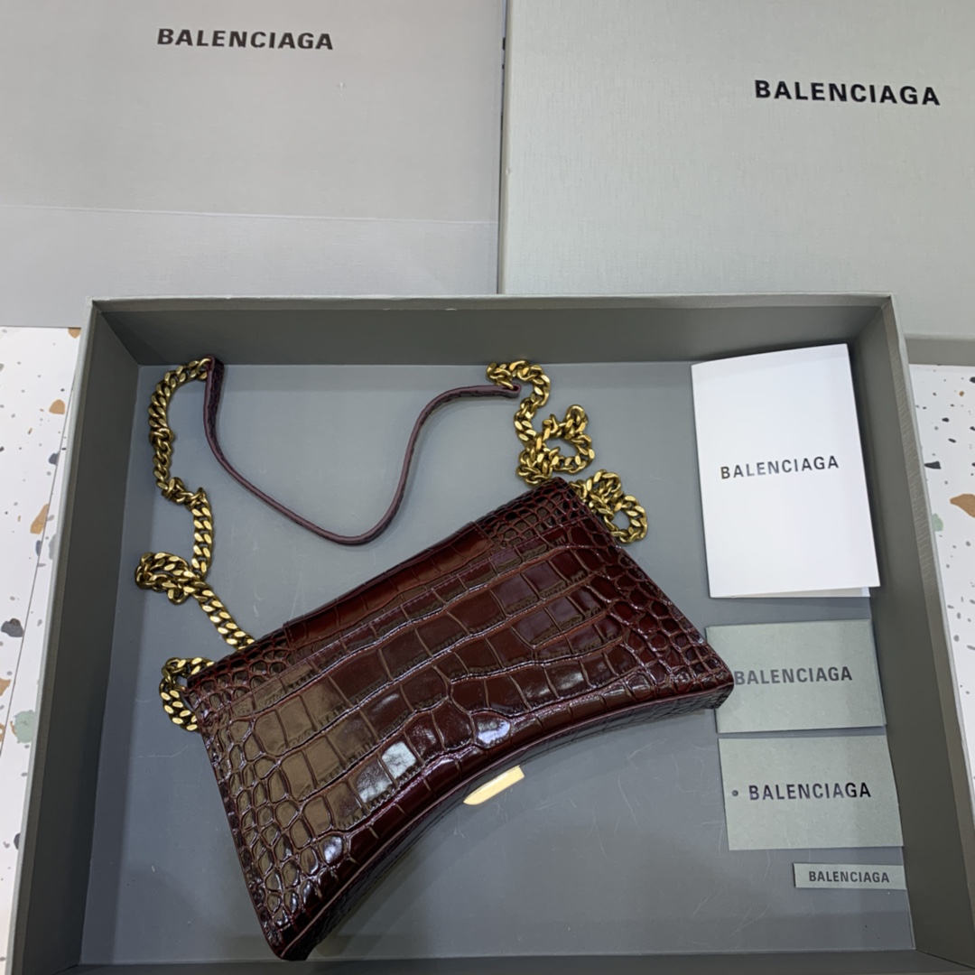 Balenciaga Big Hourglass Wallet With Chain Crocodile Embossed Shoulder Bag Coffee